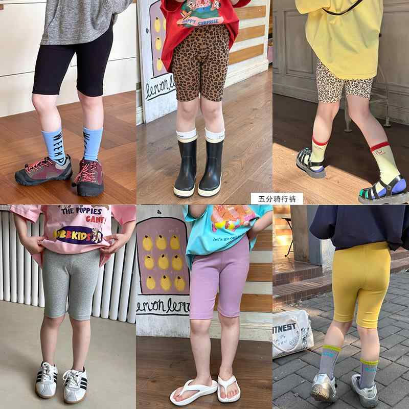 子供服 パンツ 女の子 ヨガパンツ 5分丈パンツ スパッツ レギンス 高弾力 コットン 綿混紡 無地 アニマル柄 春夏 ブラック グレー パープル 100 110 120 130 140