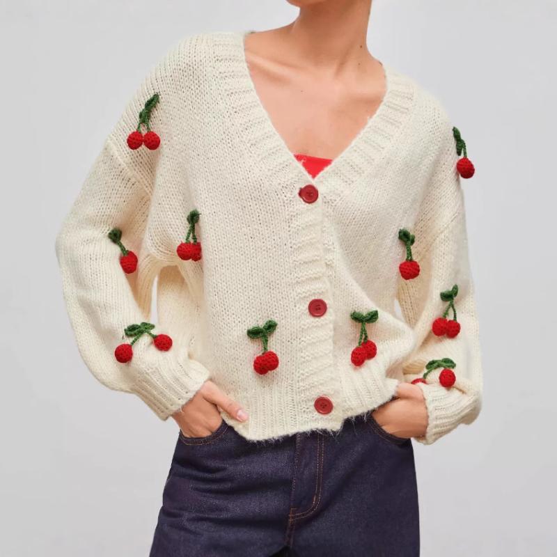 ニット レディース 秋冬 Vネック カーディガン ゆったり 3D 立体 模様 トップス 街頭 カジュアル 長袖 欧美風 白