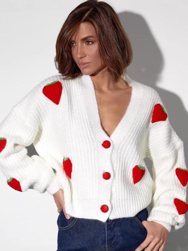 カーディガン レディース ニット Vネック いちご ストロベリー アップリケ 厚手 ゆったり 襟付き ガーリー フェミニン かわいい 羽織り