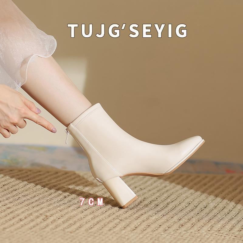 ブーツ レディース 秋冬 ショートブーツ 太ヒール スクエアトゥ 合成皮革 ミドル丈 ジッパー チャンキ..