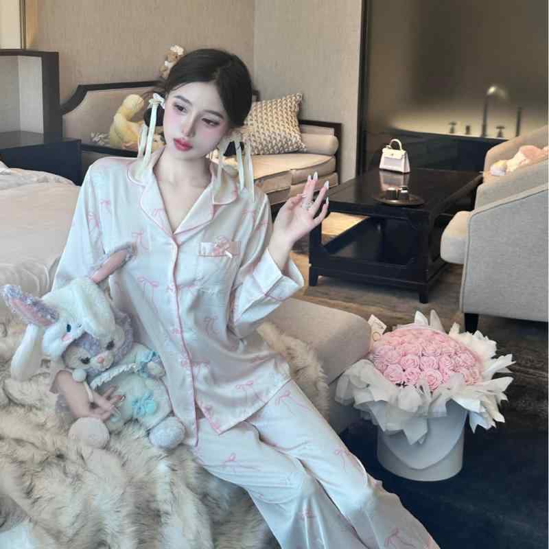 パジャマ レディース 春秋 長袖 接触冷感 シルク風 蝶結び 白鳥柄 上下セット ルームウェア 寝間着 部..