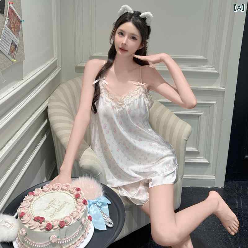 パジャマ レディース ルームウェア 部屋着 寝巻き ナイトウェア 上下セット キャミソール ショートパンツ 接触 薄手 涼しい 夏 サマー リボン 無地 シンプル かわいい スウィート ロリータ ガールズ おしゃれ 快適
