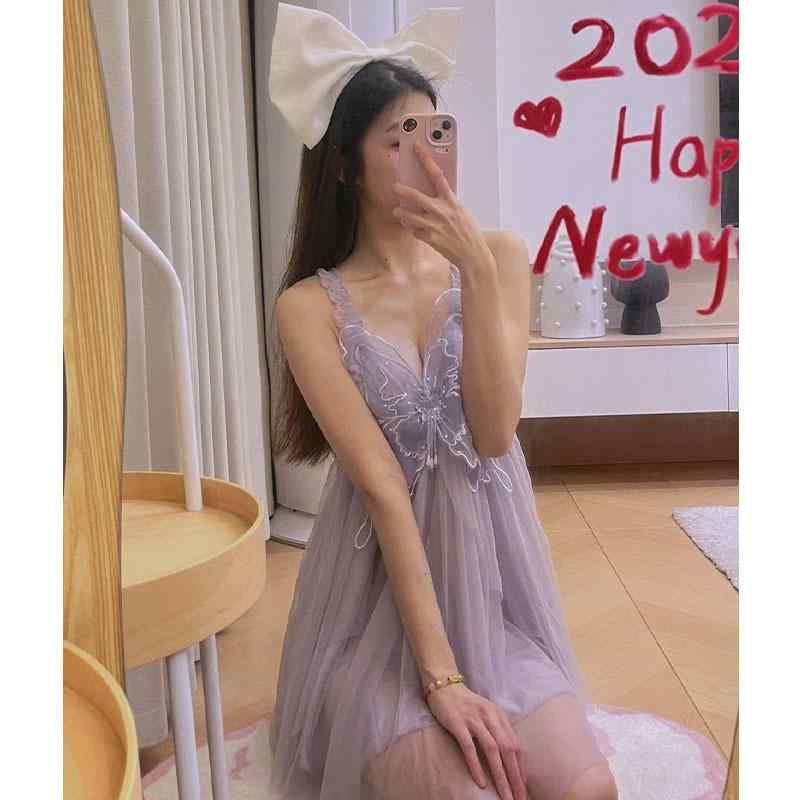 ワンピース レディース 春夏 キャミソール 接触冷感 レース チュール 薄手 Vネック ルームウェア 部屋着 涼しい かわいい ポリエステル パープル ホワイト