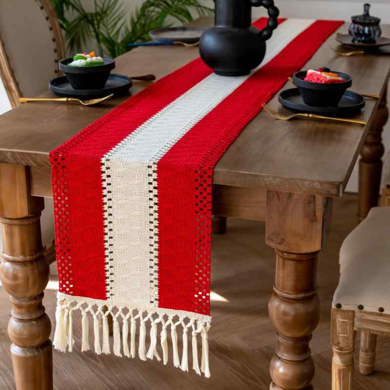 テーブルランナー クリスマス コットンリネン テーブルクロス 長方形 無地 フリンジ付き ベージュ ブラ..