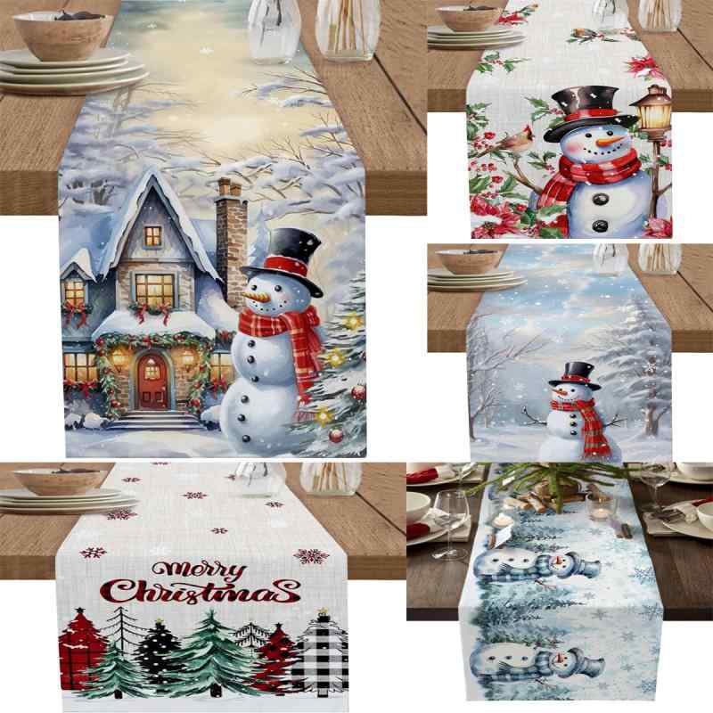 テーブルクロス テーブルランナー クリスマスツリー 雪だるま柄 リネン 麻 雰囲気 パーティー レストラン キッチン 食卓 飾り付け 33cm×90cm 33cm×120cm 33cm×183cm 33cm×230cm(3)