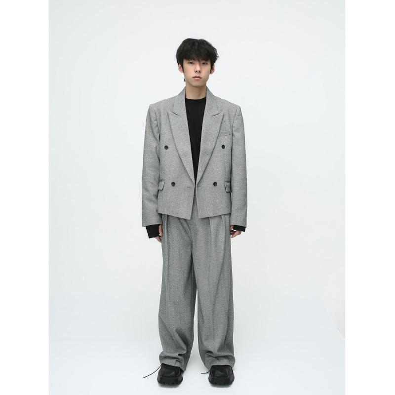 セットアップ メンズ 男性用 カジュアル テーラードジャケット & パンツ 上下セット 韓国風 ポリエステル 無地 ブラック グレー