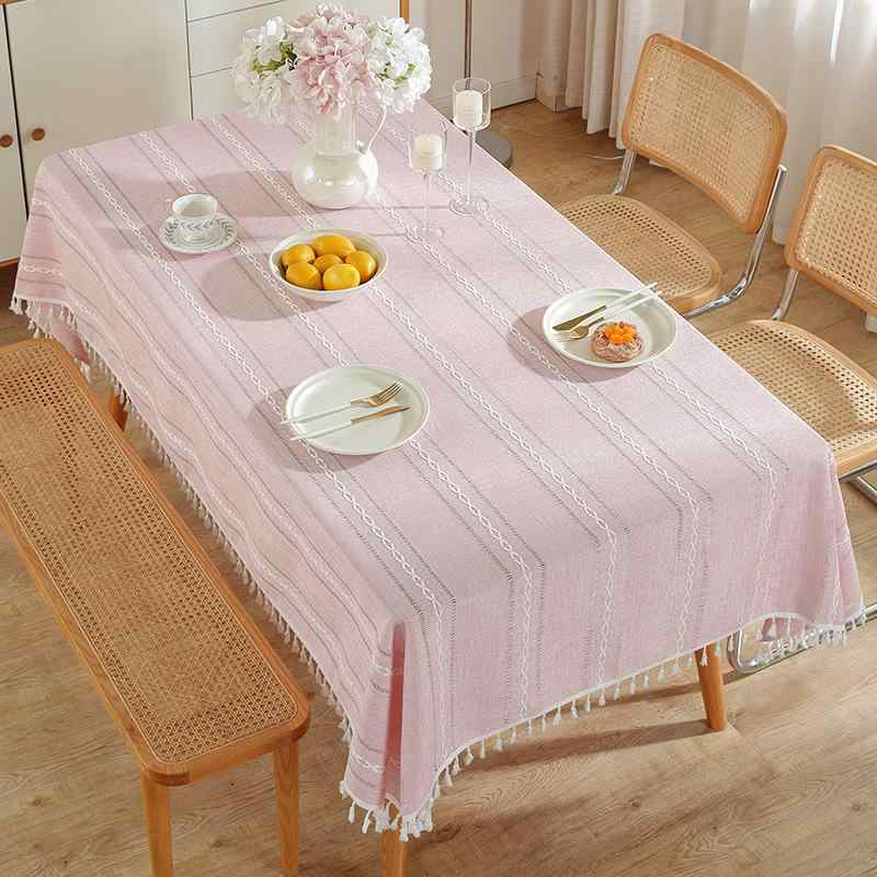 テーブルクロス 北欧風 クリスマス ストライプ 刺繍 花柄 綿 麻布 おしゃれ ホテル 家庭用 コーヒーテーブル デコレーション ピンク系 アイボリー 長方形