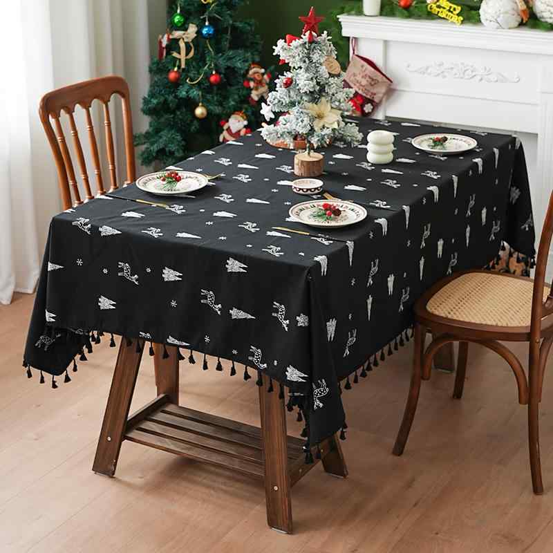 テーブルクロス クリスマス 飾り リネン 刺繍 クリスマスツリー 鹿 長方形 美化装飾 防塵 ブラック クリスマス グリーン クリスマス 150 100 150 150 150 180 150 220 150 260