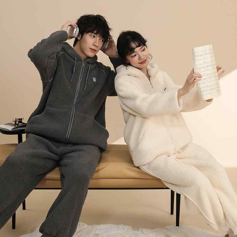 Underwear, Sleepwear - パジャマ 男女兼用 カップル 秋冬 厚手 フリース 上下セット あったか ルームウェア 部屋着 寝巻き 襟付き 無地 アイボリー ピンク系 グレー
