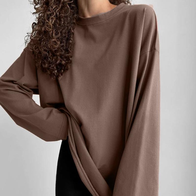 Tシャツ レディース 長袖 コットン トップス 手工磨破加工 ゆったり ラウンドネック 白色 黒色 グレー 緑色 青色 紫色 茶色 カーキ色 赤色 ピンク色 日韓スタイル 普段使い 快適