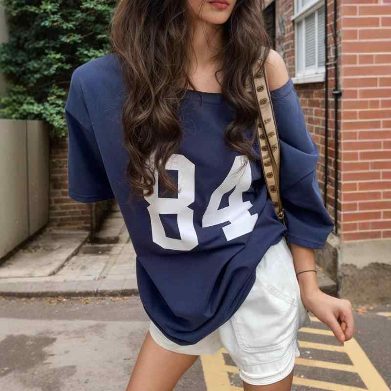 Tシャツ レディース 字母 数字 ロゴ プリント トップス カットソー 半袖 ラウンドネック チュニック丈 ゆったり 体型カバー カジュアル 普段使い 接触冷感 ポリエステル 藏藍 白 黒 コーヒーブラウン 灰