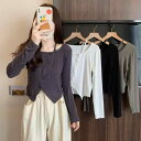 Tシャツ レディース 韓国風 長袖 トップス アシンメトリーデザイン カットソー 細見え ブラック 無地 ラウンドネック 接触冷感 粘性繊維