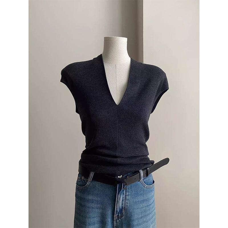 Tシャツ レディース Vネック 半袖 接触冷感 ニット トップス 薄手 スリム 無地 黒グレー アボカドグリーン ポリエステル