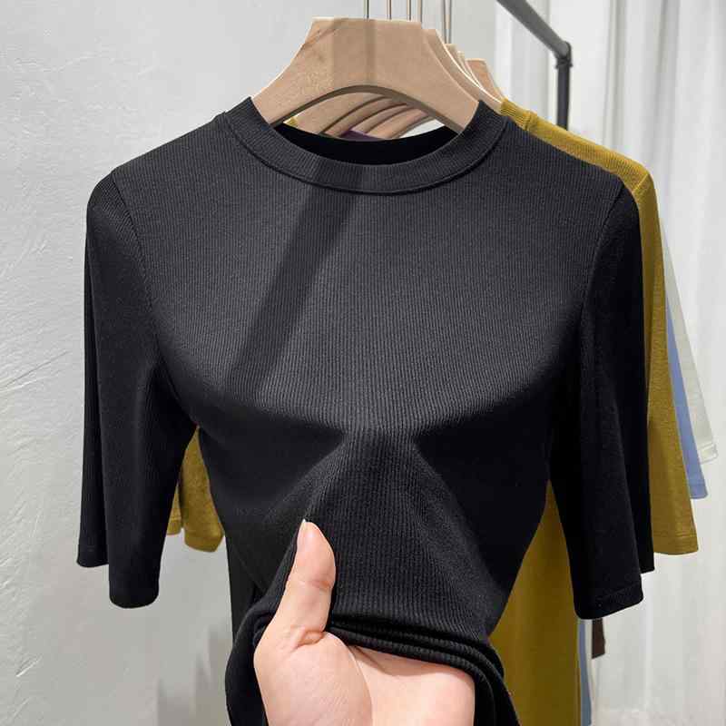 Tシャツ レディース トップス 接触冷感 無地 五分袖 7分袖 ラウンドネック プルオーバー カットソー 普段使い 部屋着 ブラック ホワイト ブルー パープル 芥末緑 カーキ