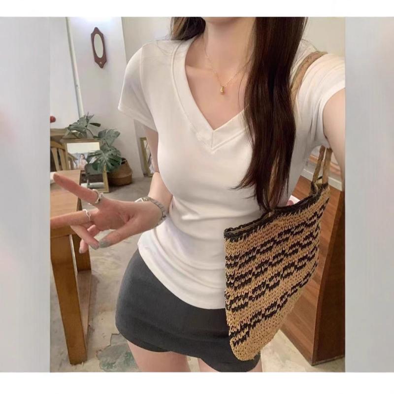 Tシャツ レディース 半袖 Vネック Круглый 修身 トップス カットソー 接触冷感 無地 黒 白 花灰色 リブ