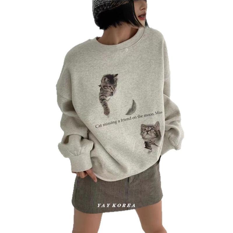 スウェット レディース 猫柄プリント トレーナー カットソー 長袖 トップス 秋冬 オーバーサイズ ゆったり かわいい カジュアル