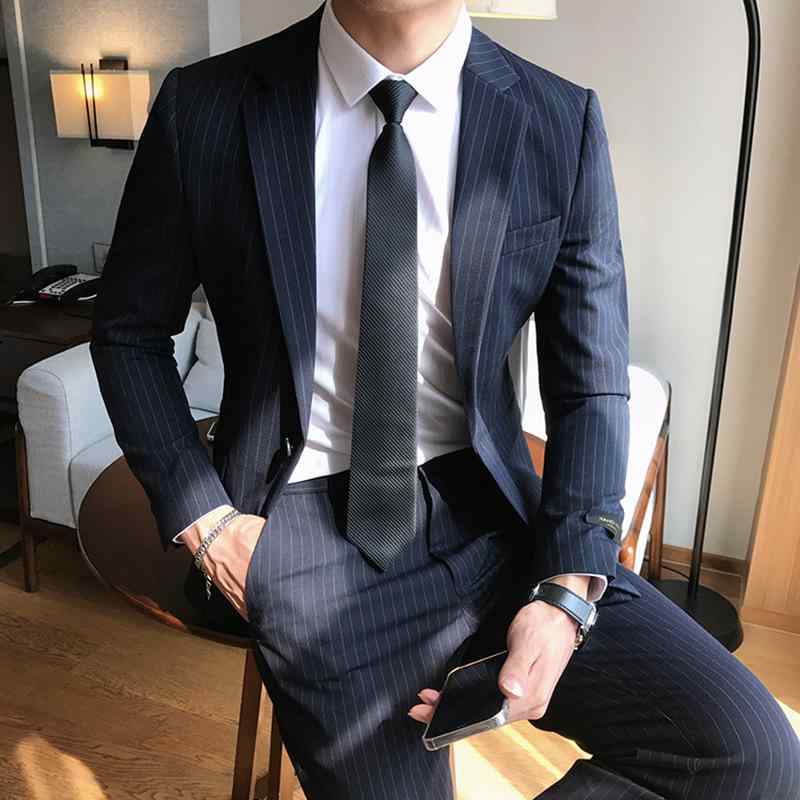 スーツ メンズ ストライプ 長袖 スリム 韓国風 テーラードジャケット セットアップ カジュアル ビジネス 秋 ブルー ブラック グレー