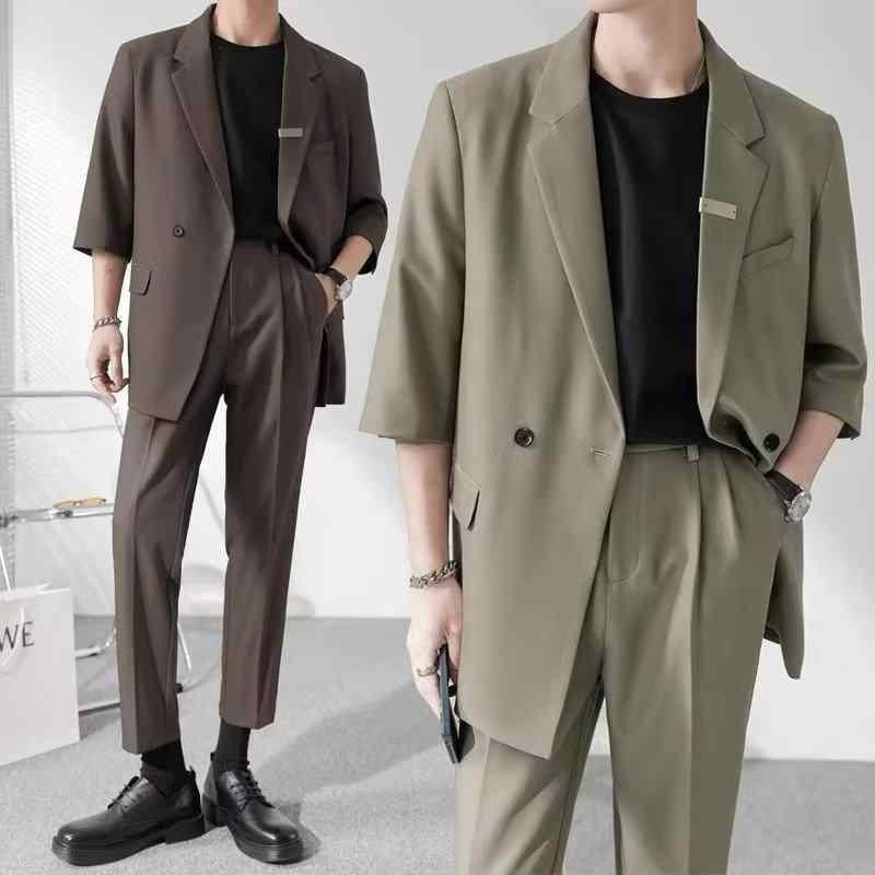 セットアップ メンズ テーラードジャケット &amp; パンツ 7分袖 韓国風 ゆったり 普段使い 部屋着 春夏 ブラック コーヒー色 グリーン グレー