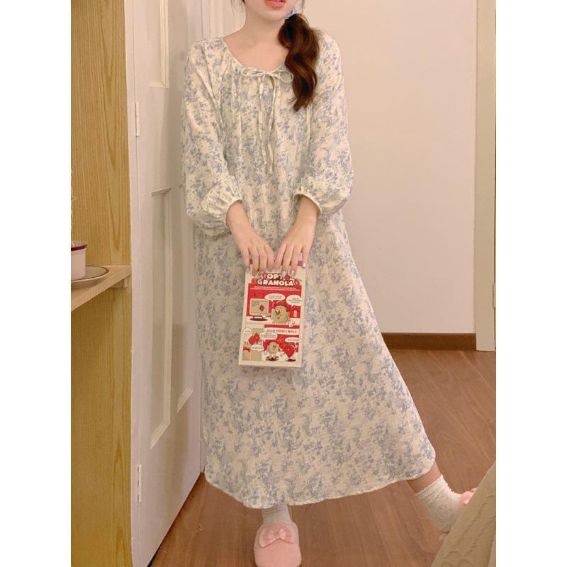 パジャマ レディース 秋 長袖 ワンピース 韓国風 かわいい 綿 部屋着 ルームウェア 寝巻き ロング丈 A..