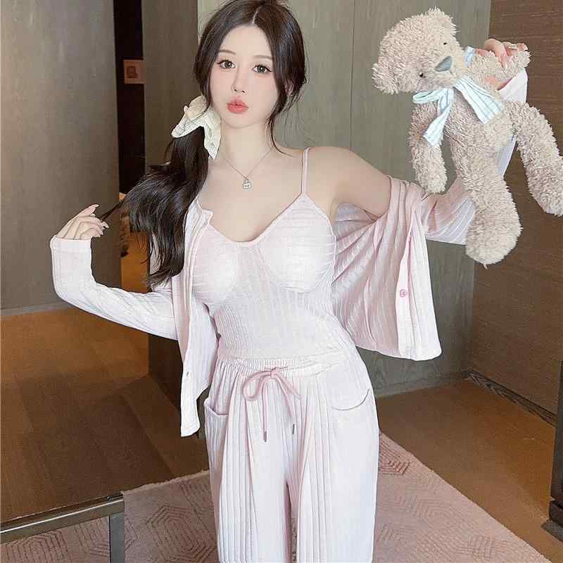 パジャマ レディース 春夏秋 綿 長袖 キャミソール 3点セット ルームウェア 部屋着 寝間着 通気性 スト..