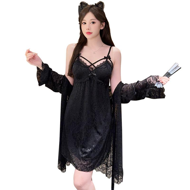 パジャマ レディース 深Vネック 提花 レース 切り替え キャミソール スリップ ガウン 3点セット ルームウェア 接触冷感 通気性 伸縮性 ブラック ピンク系