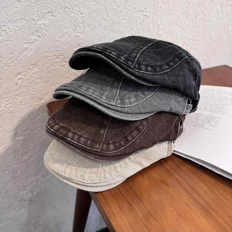 Hats - キャップ メンズ レディース アメリカン レトロ ブラウン 洗い加工 ヴィンテージ風 デニム 帽子 平頂 鴨嘴 ベレー 童帽 シンプル ファッション OL 通勤 コットン 素材 保暖 オールシーズン 均一サイズ 黒 白 灰 茶 カラー 軽量 通勤用 普段