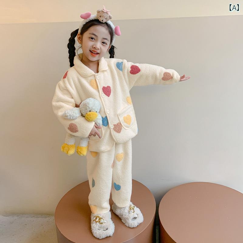 シャドーテールの子供用パジャマ 秋冬 厚手 裏起毛 珊瑚フリース 女の子 ベビー フランネル 子供 冬 ホームウェア 上下セット かわいい 暖かい 吸湿性 通気性 ポリエステル ピンク系｜アングル2