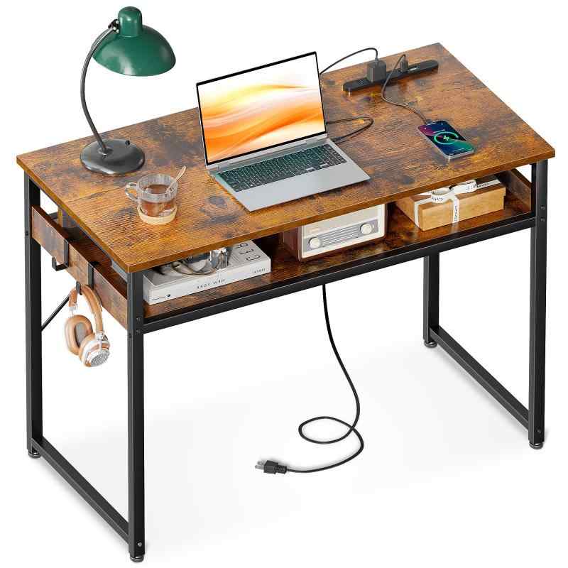 ODK 机 pcデスク パソコンデスク 幅80/100cm ゲーミングデスク 収納付き コンセント付き 勉強机 computer desk 桌子 ワークデスク 电脑桌 フック2個付き コンパクト テレワーク用 省スペース 組立簡