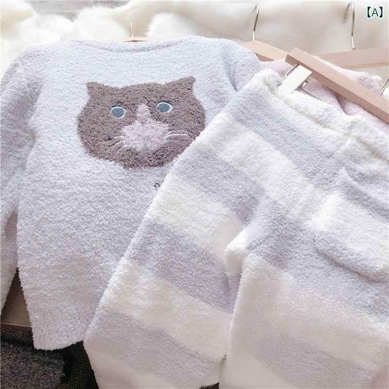 子供用パジャマ 上下セット 男児 女児 猫 ウサギ プリント 厚手 フリース 秋冬 暖...