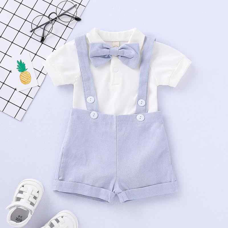 Rakuten - キッズ パンツセット 男児 紳士風 コットン トップス 短パン 2点セット 子供服 幼児 普段着 春夏 グレー 浅ブルー ホワイト