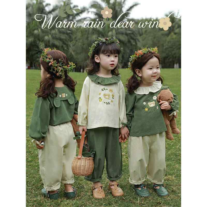 シャツ 女の子 春秋 3歳 8歳 トップス ズボン セットアップ 綿100% 花柄 刺繍入り ベスト付き 長ズボン 80cm 90cm 100cm 110cm 120cm 130cm 140cm 緑色 ベージュ
