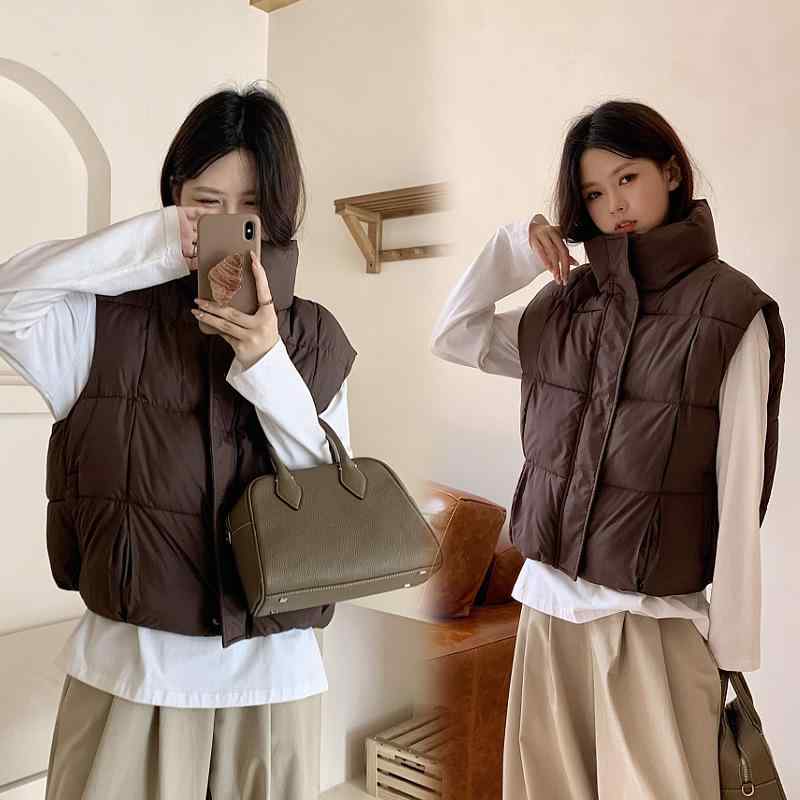 ベスト レディース ショート丈 中綿 ポリエステル ゆったり スタンドカラー カジュアル 秋冬 あったか 防寒 米白 黒 コーヒー 焦げ茶 M L XL 2XL