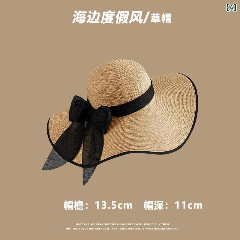 乐天商城 - 麦わら帽子 レディース 春夏 海辺 ビーチ バカンス 遮陽帽 法式 顔隠し 防晒 透気 花 花柄 蝶結び レース ドット 植物モチーフ 紙草 素材 丸頂 広縁 黒 ベージュ ミルクホワイト ブルー ピンク 緑 ナチュラルカラー 清新 甘美 スタイル 女性