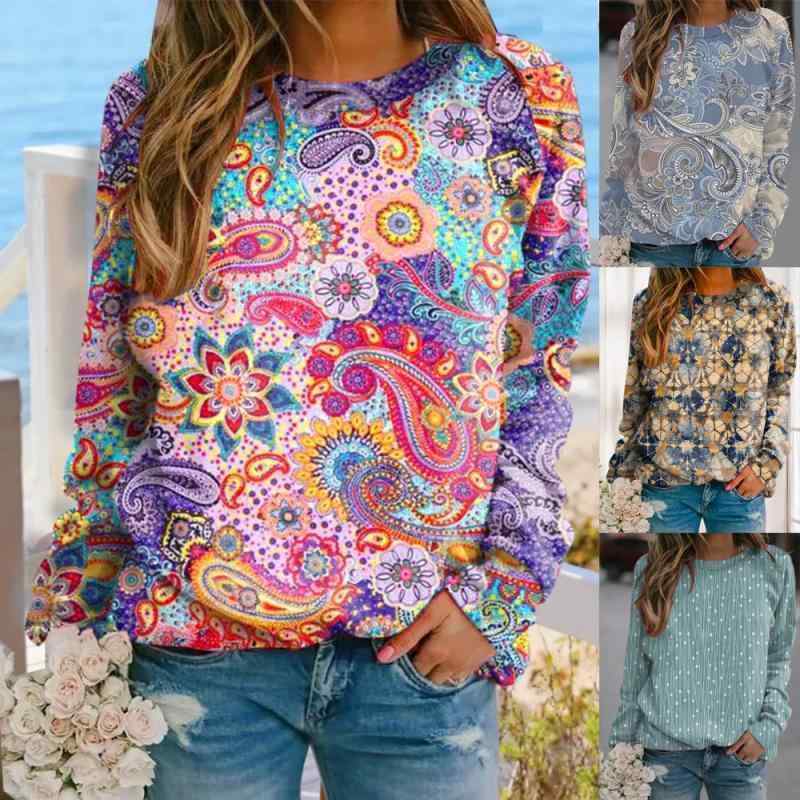 トレーナー レディース ゆったり 長袖 丸首 プリント 秋冬 混紡 チュニック 普段使い トップス カットソー レッド 赤 ブルー 青 グレー 灰色 S M L XL XXL 3XL