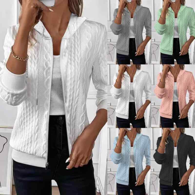 パーカー レディース 秋冬 無地 長袖 ニット ジップアップ フード付き アウター 普段使い 通勤 カジュアル スタイル かわいい ポリエステル 白色 黒色 灰色 緑色 ピンク色 青色