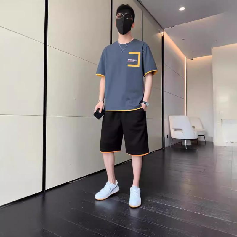 メンズ スポーツウェア セットアップ Tシャツ ショートパンツ 薄手 接触冷感 普段使い 部屋着 聚酯纤维 混纺 オレンジ系 ブラック グレー