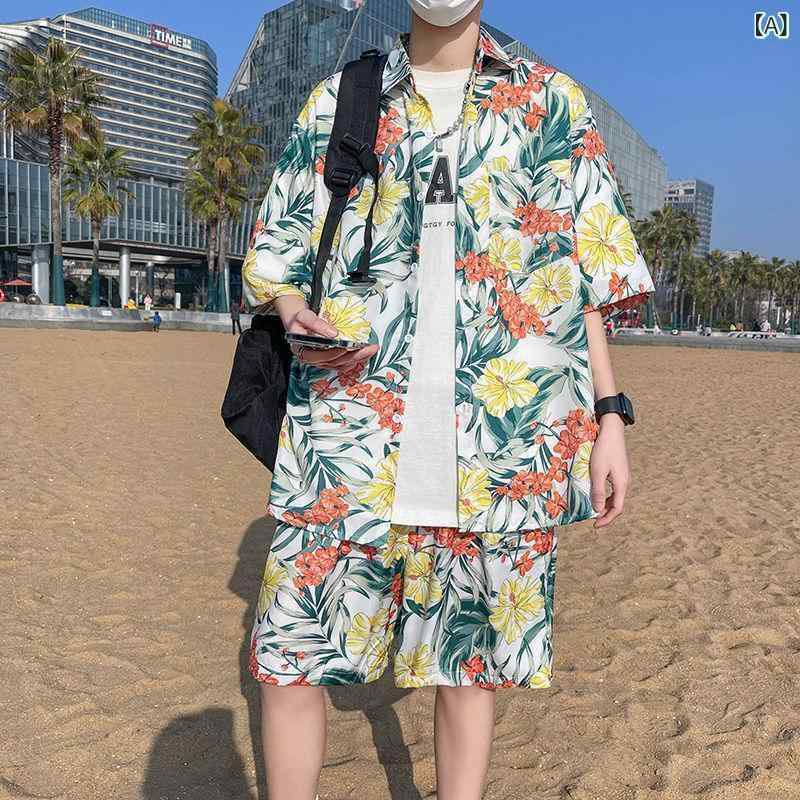 シャドーテールのメンズ アロハシャツ ショートパンツ セットアップ リゾート ビーチ 海水浴 接触冷感 吸湿速乾 ポリエステル 旅行 カジュアル 男性用 短パン トップス 春夏 ホワイト ブラック系｜アングル2