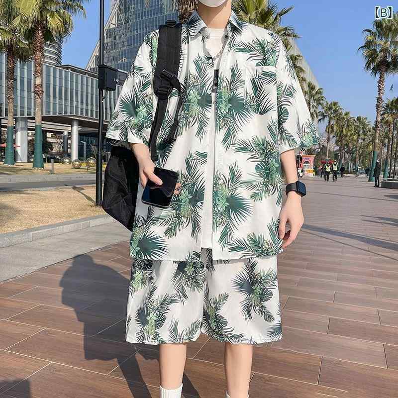 シャドーテールのメンズ アロハシャツ ショートパンツ セットアップ リゾート ビーチ 海水浴 接触冷感 吸湿速乾 ポリエステル 旅行 カジュアル 男性用 短パン トップス 春夏 ホワイト ブラック系｜アングル3