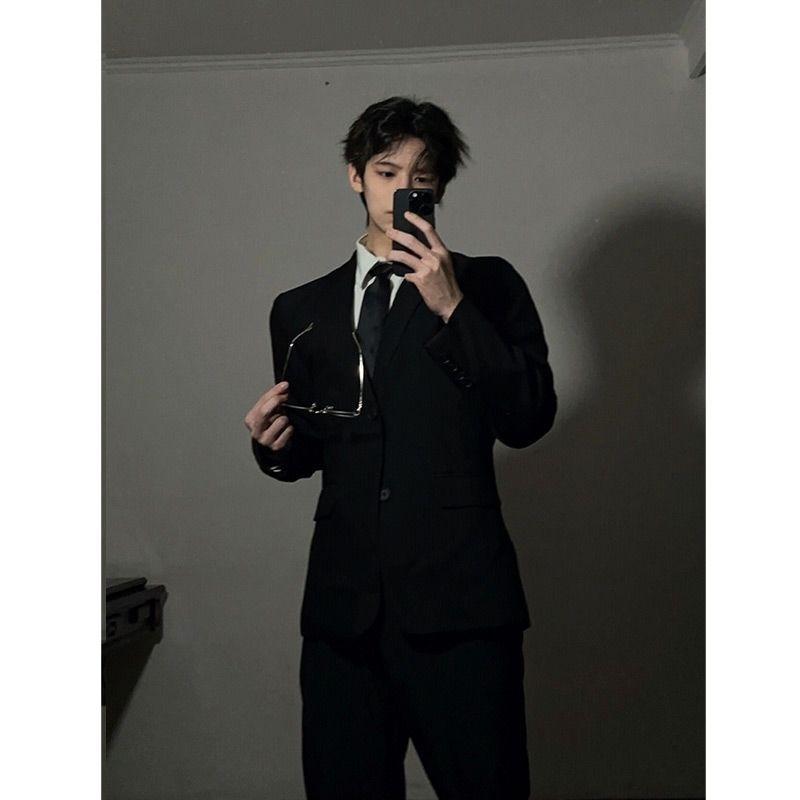 スーツ メンズ 男性用 テーラードジャケット ブレザー セットアップ 上下セット 春物 ポリエステル混紡 韓国風 フォーマル 卒業式 入学式 発表会 演奏会