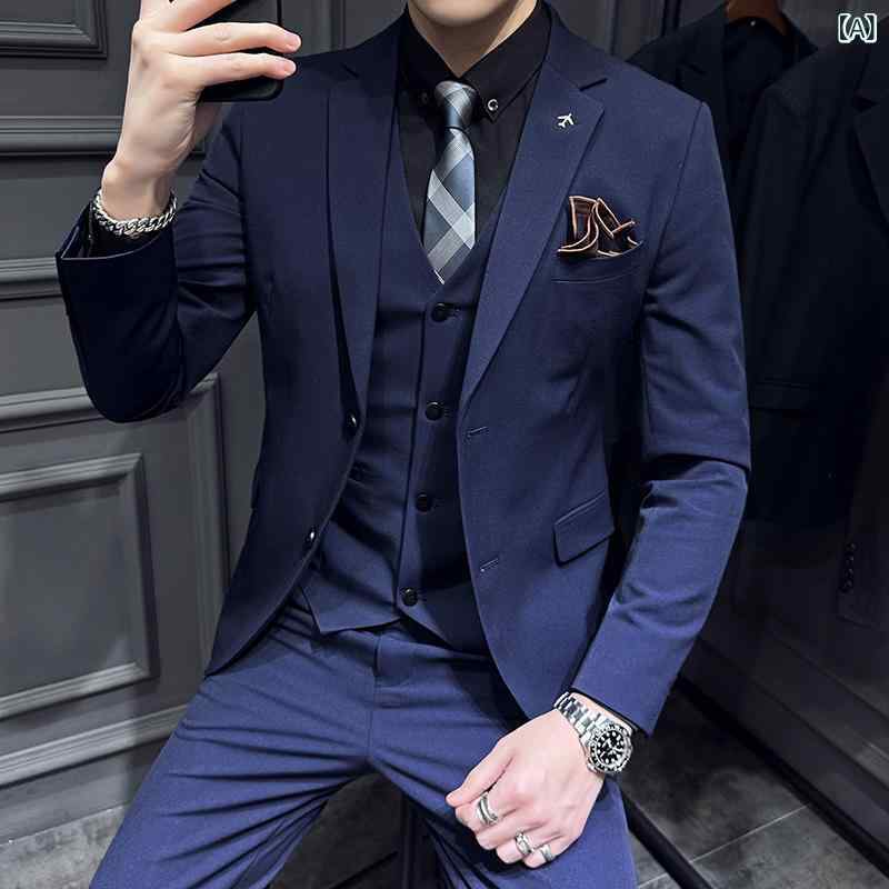 スーツ メンズ ビジネススーツ 3点セットアップ 春物 スリムタイプ 無地 レギュラー襟 背抜き仕立て 通勤 結婚式 二次会 フォーマル 紳士服 冠婚葬祭 黒 紺色 グレー