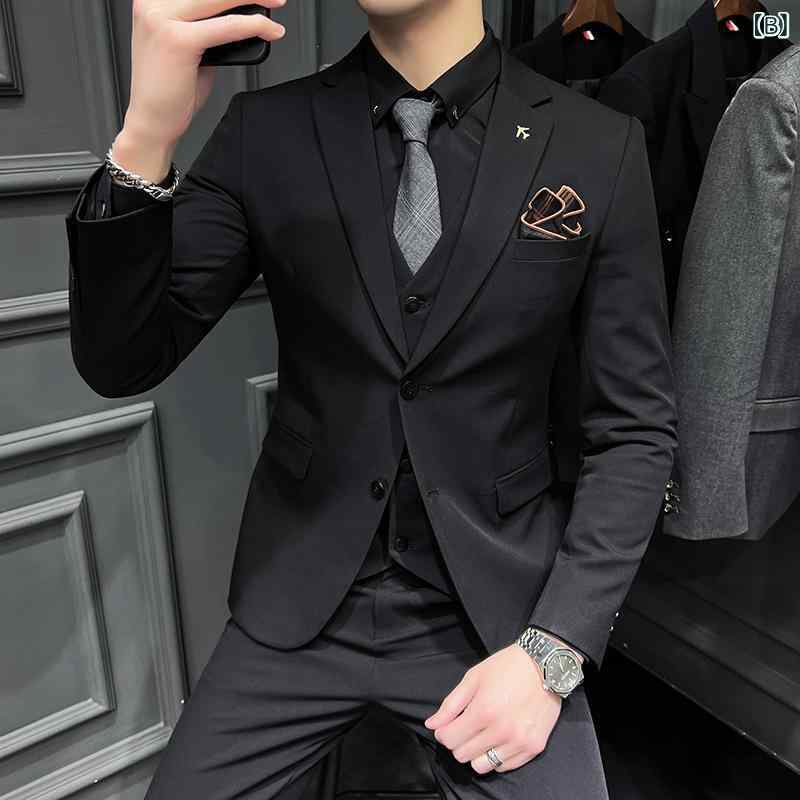 スーツ メンズ ビジネススーツ 3点セットアップ 春物 スリムタイプ 無地 レギュラー襟 背抜き仕立て 通勤 結婚式 二次会 フォーマル 紳士服 冠婚葬祭 黒 紺色 グレー