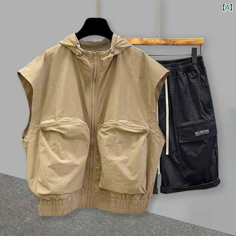 Tシャツ メンズ セットアップ 半袖 ハーフパンツ ジャージ 上下セット パーカー 無袖 ポリエステル カジュアル 夏 黒 ブラック カーキ ..