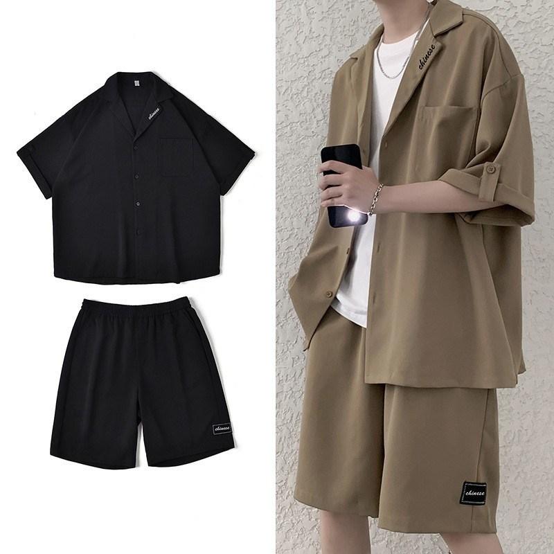 Rakuten - シャツ メンズ 半袖 ショートパンツ 上下セット 薄手 ポリエステル カジュアル スポーツウェア 男性用 ブラック カーキ