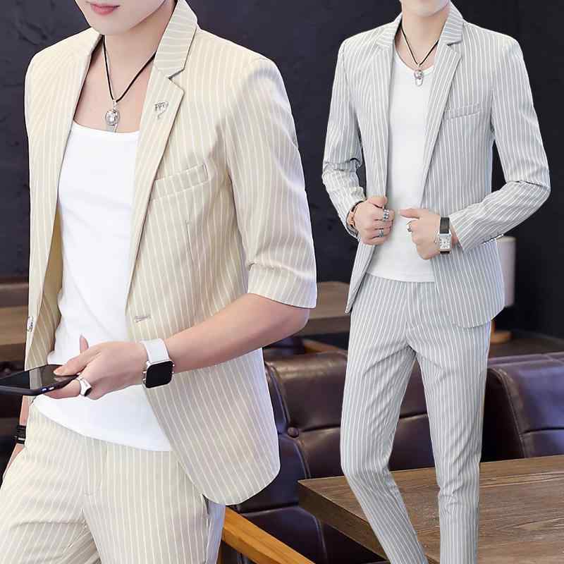 メンズ スーツ セットアップ 半袖 サマースーツ 薄手 7分袖 ジャケット トップス パンツ 全3色 コットン混紡 韓国風