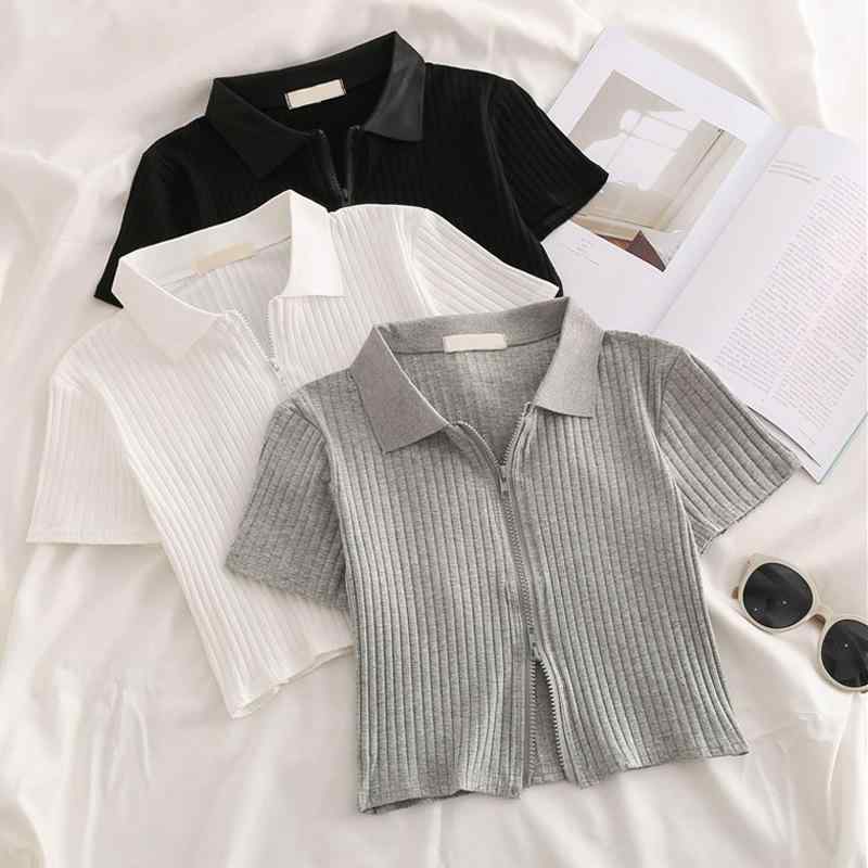 Tシャツ レディース 半袖 ポロ襟 へそ出し ショート丈 トップス スリム タイト 無地 カジュアル スポーティー ブラック グレー ホワイト