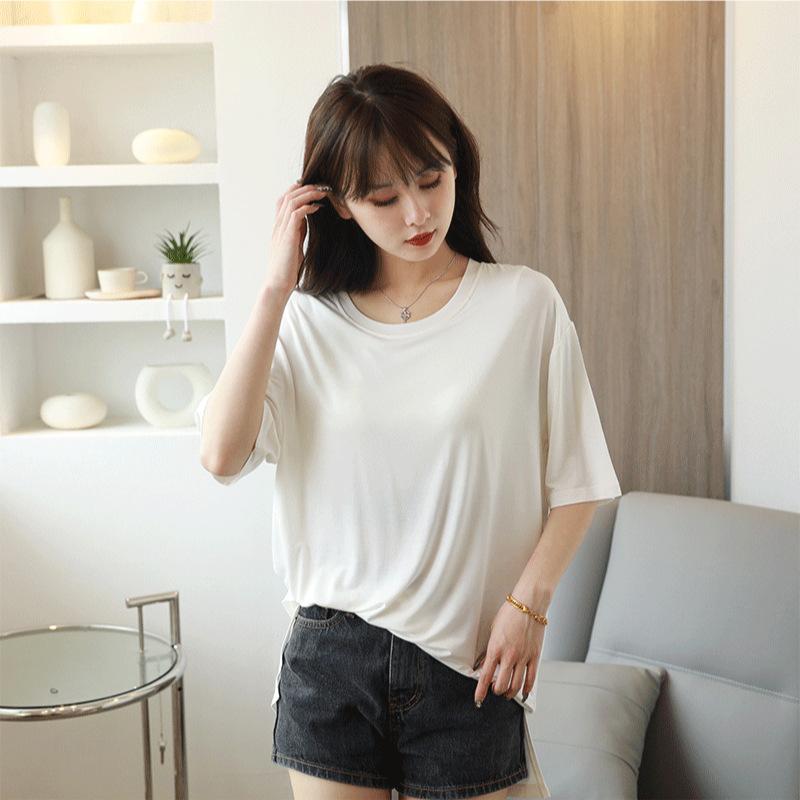 T-Shirts - Tシャツ レディース モダール混紡 無地 ラウンドネック 半袖 スリット入り ゆったり 大きめサイズ 接触冷感 普段使い デイリー 部屋着