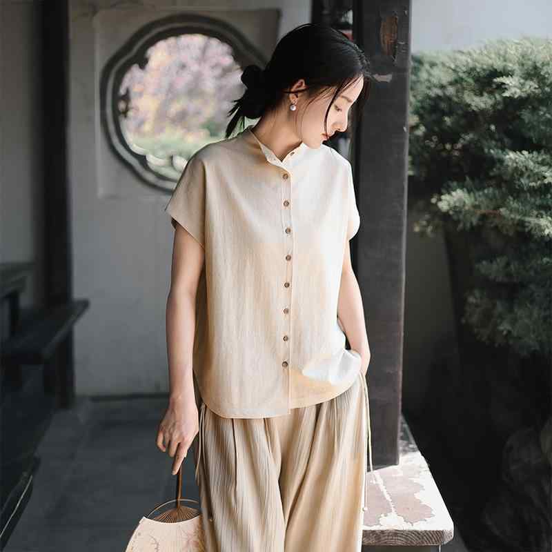 Tシャツ レディース 天絲亜麻混紡 開襟トップス 半袖 ゆったり 文芸風 無地 カットソー 接触冷感 薄手 紫外線対策 普段使い 浅乳黄 嬌羞紫 豆沙紅