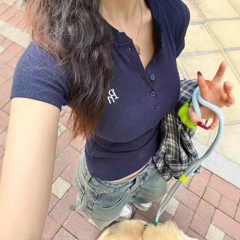 Tシャツ レディース 半袖 夏 レトロ 刺繍 刺繡 スリム Tシャツ 伸縮性 ポリエステル 藏青色(4.0)