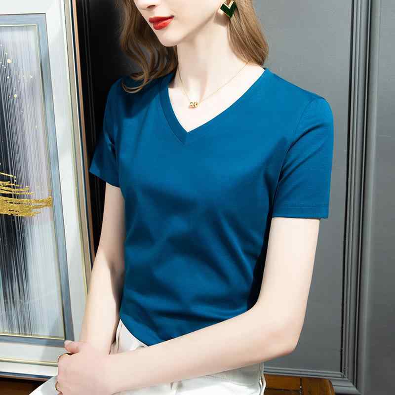 乐天商城 - Tシャツ レディース Vネック 半袖 トップス 無地 ポリエステル アスレチック 通勤着 普段使い 白色 豆緑色 黒色 ピンク系 墨緑色 薄紫色 深灰色 牛ブルー 霧ブルー 薄青色