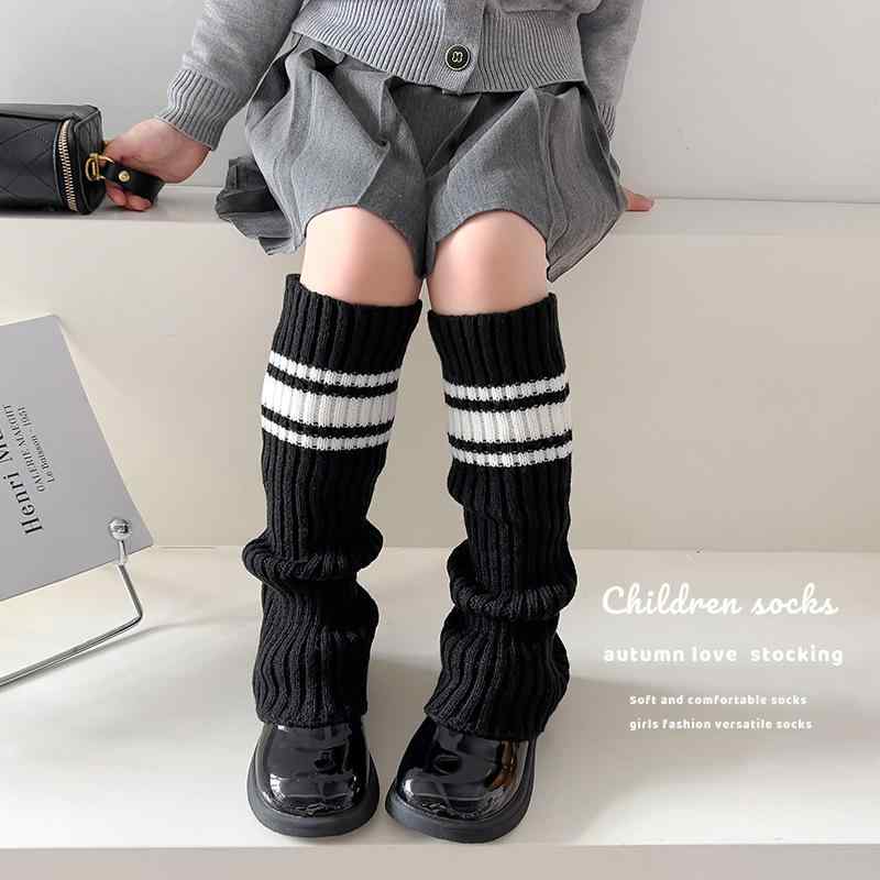 靴下 キッズ 女の子 ニット ニーハイソックス レッグウォーマー 子供 中筒丈 リブ編み あったか コットン混紡 秋冬 白 黒